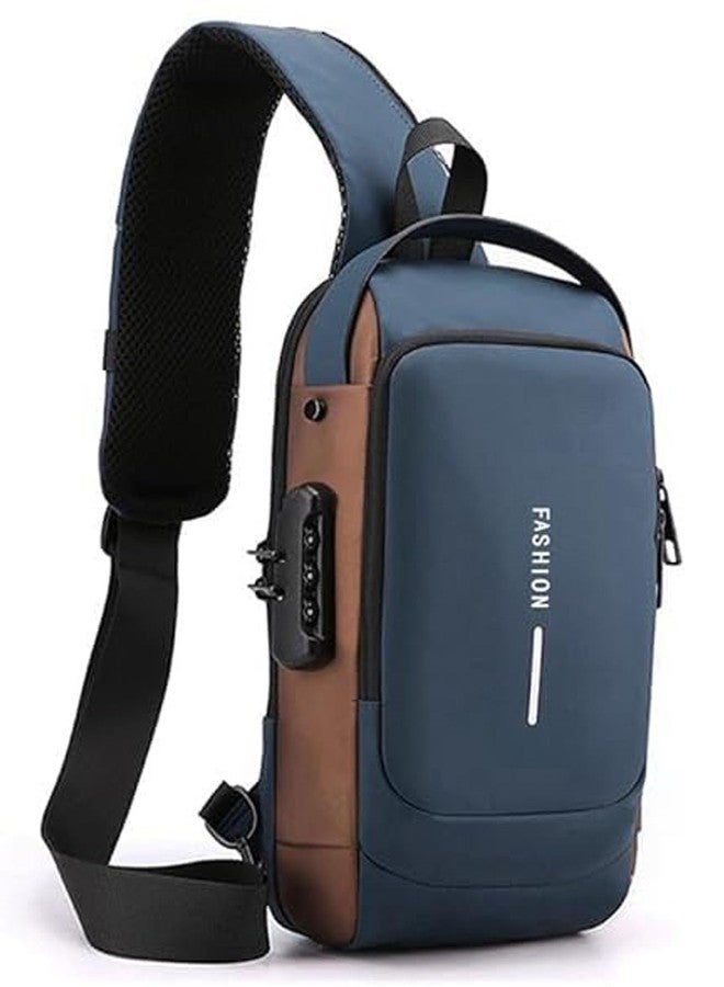 TrueArch Crossbody Sling Bag for Men Crossbody Adjustable Shoulder Strap With Safety Zipper Slot Anti-Theft Sling Bag with Lock, USB Charging (BlueGolden) - Image 1
